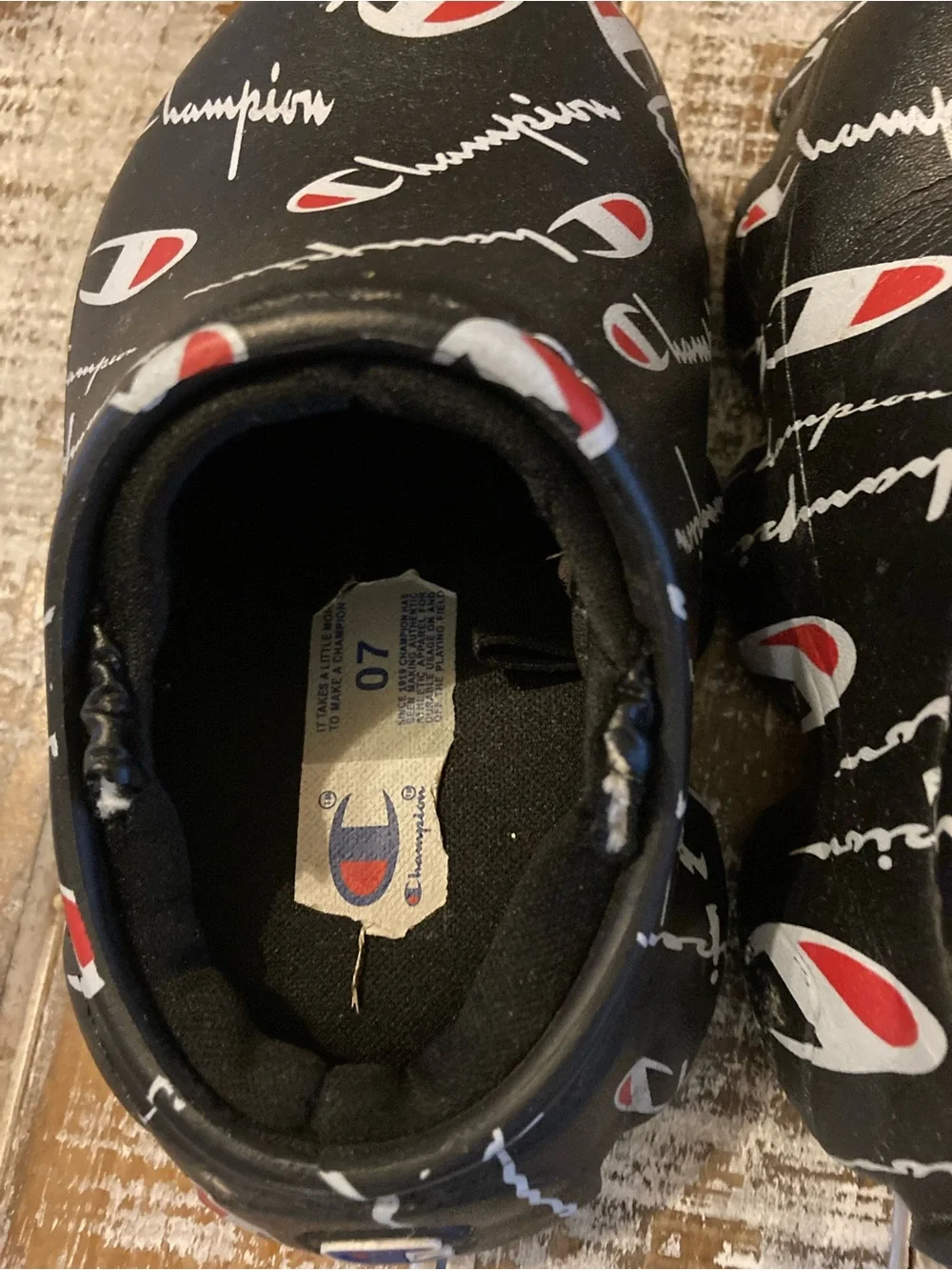 Champion Kids Black Slip-On Clogs with Red & White Logo